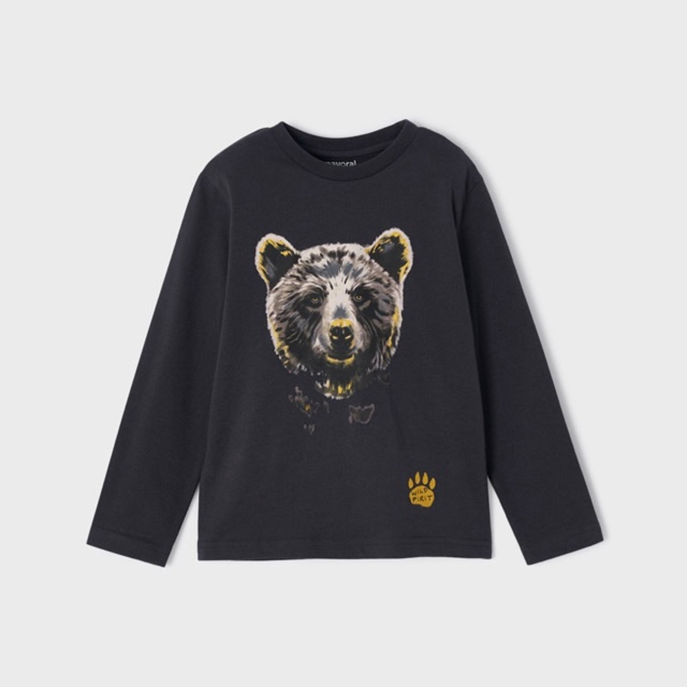 Size 5 Boys Mayoral Charcoal Long Sleeve Tee with Bear Graphic